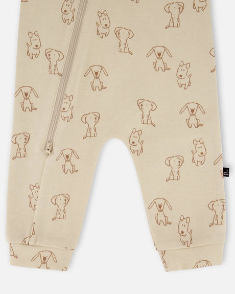 Organic Cotton Zipped Romper Beige Puppy Print | Deux par Deux | Jenni Kidz