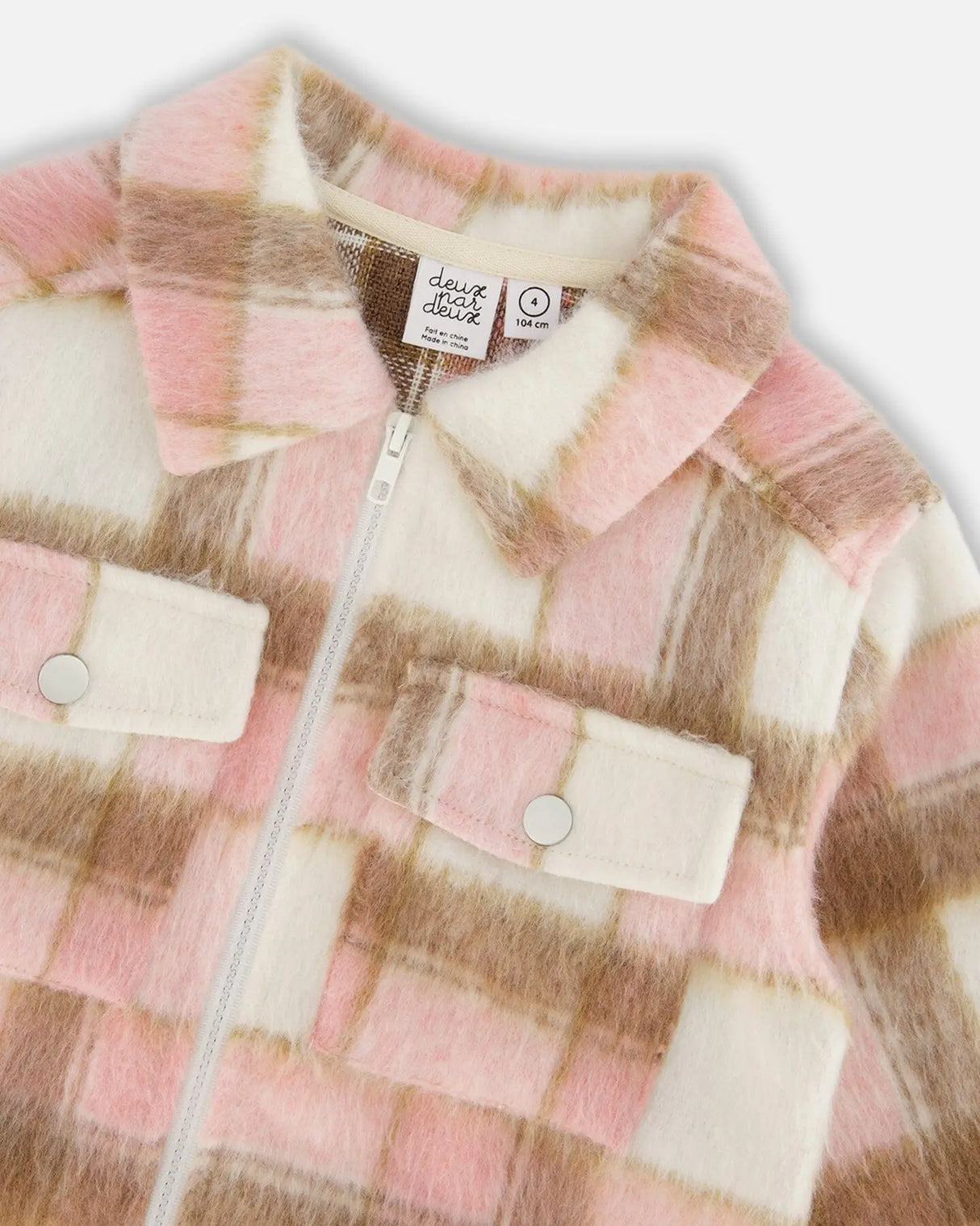 Overshirt Wool-Effect With Pockets Plaid Pink, Nougat And Off White | Deux par Deux | Jenni Kidz