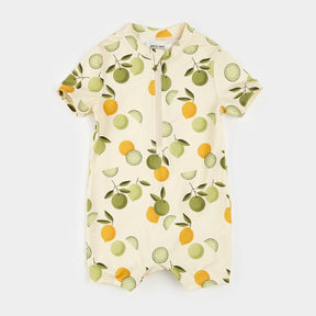 Petit Lem antique-white baby swim romper with yellow and green citrus print