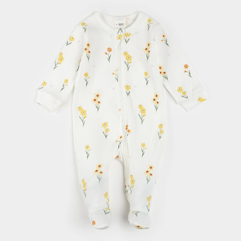 Petit Lem baby daffodil print footed sleeper organic cotton off-white front