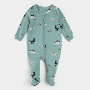 Petit Lem Tidal Wave footed baby sleeper with dinosaur print, front view