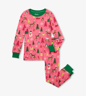 Hatley girls Pink Christmas organic cotton pajama set with green trim, long sleeves, and matching pants.