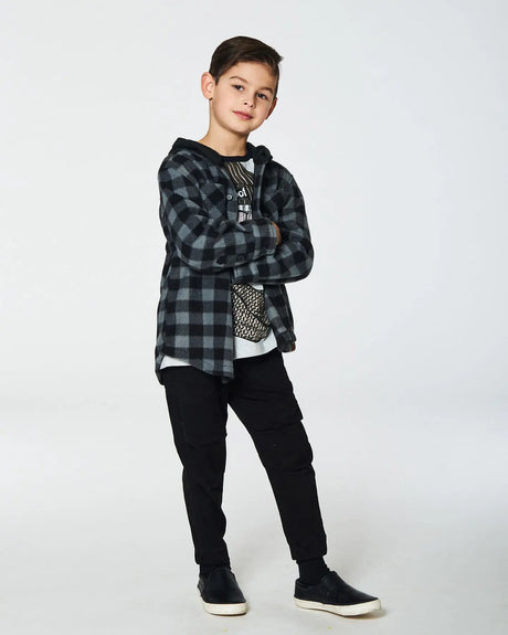 Polar Fleece Shirt With Hood Black Plaid | Deux par Deux | Jenni Kidz