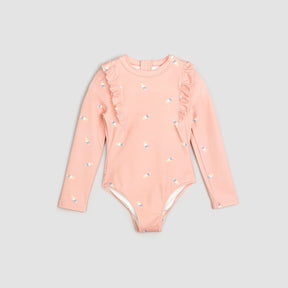 Miles The Label baby girls and girls Dusty Pink popsicle long-sleeve swimsuit with UPF 50+ and ruffles.