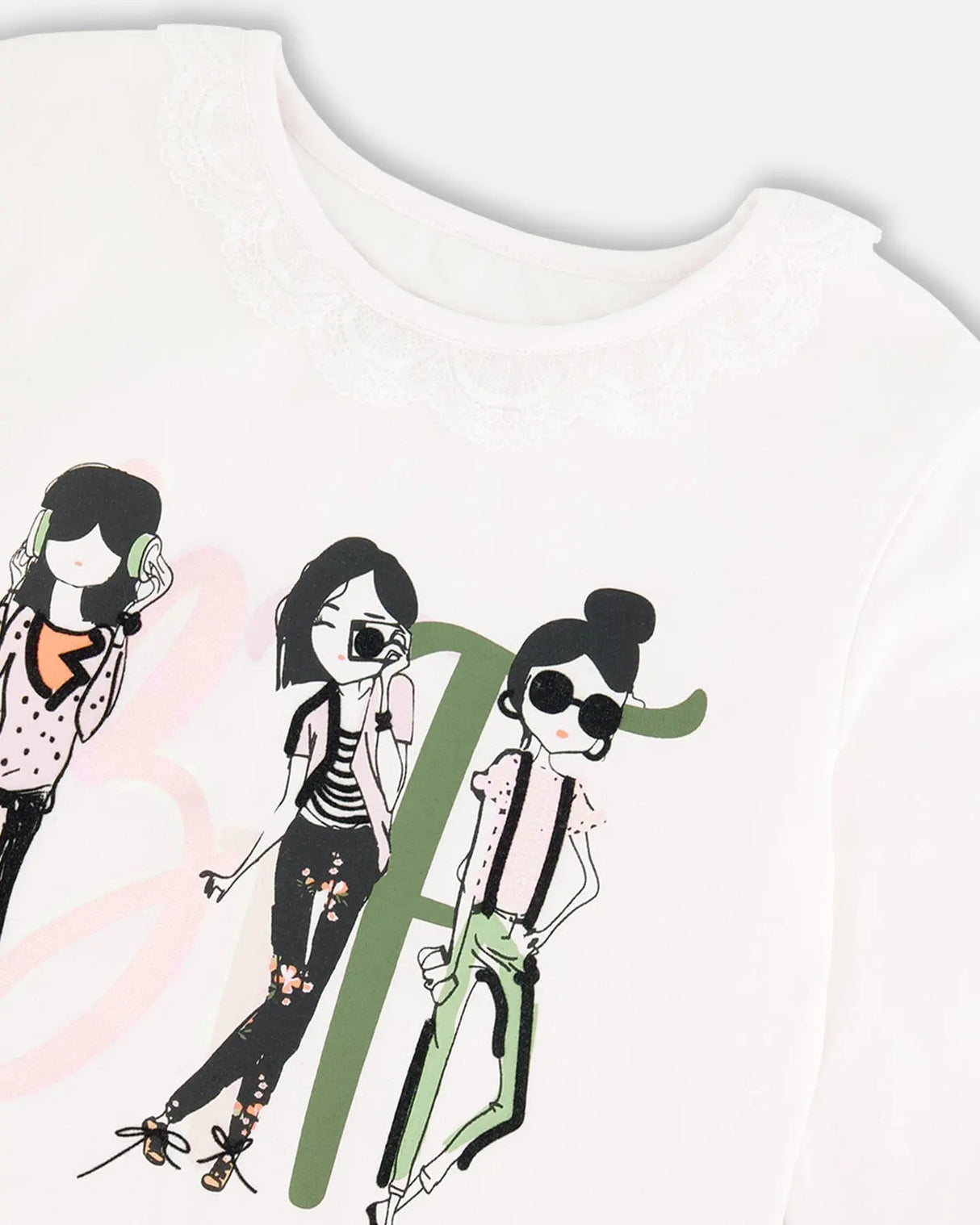 Print T-Shirt With Lace Off White | Deux par Deux | Jenni Kidz