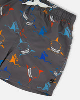 Printed Boardshorts Orange, Red, And Blue Sharks On Gray | Deux par Deux | Jenni Kidz
