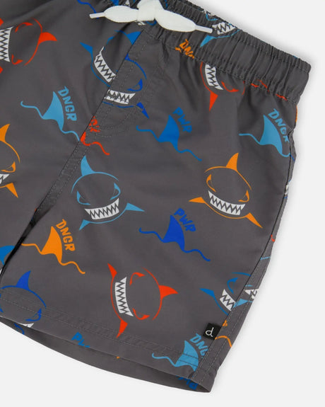 Printed Boardshorts Orange, Red, And Blue Sharks On Gray | Deux par Deux | Jenni Kidz