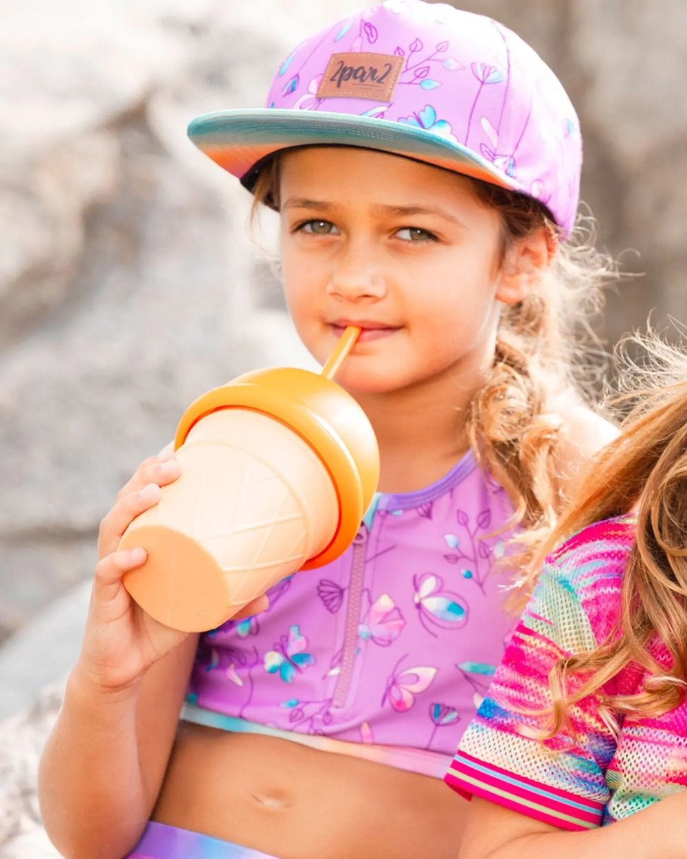 Printed Cap Old Mauve And Multicolored Butterflies | Deux par Deux | Jenni Kidz