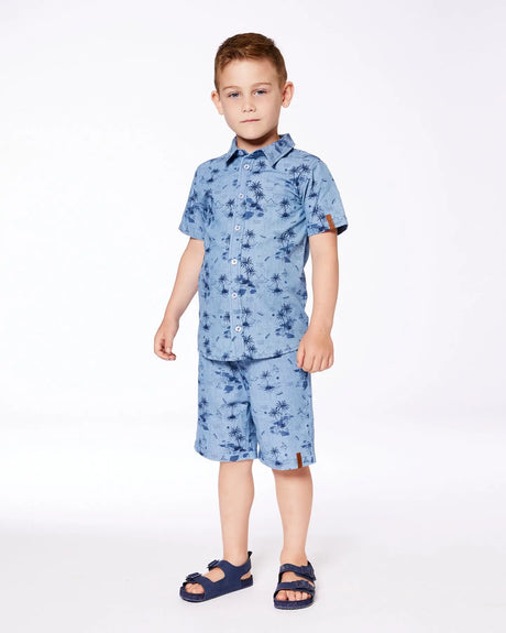 Printed Chambray Short Sleeve Shirt Pale Blue And Navy | Deux par Deux | Jenni Kidz