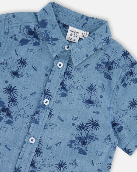 Printed Chambray Short Sleeve Shirt Pale Blue And Navy | Deux par Deux | Jenni Kidz