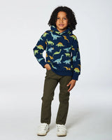 Printed Dino Fleece Hooded Sweatshirt Navy | Deux par Deux | Jenni Kidz