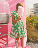Printed Dress With Flounce Sleeves Green With White And Pink Bird | Deux par Deux | Jenni Kidz