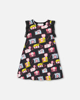 Printed Dress With Mesh Sleeves Black | Deux par Deux | Jenni Kidz