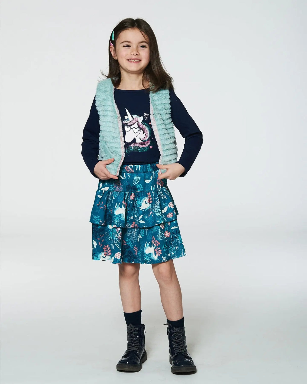 Printed Flare Viscose Skirt Turquoise Printed Fairy Unicorn | Deux par Deux | Jenni Kidz