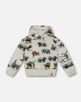 Printed Forest Animals Fleece Hooded Sweatshirt Gray Mix | Deux par Deux | Jenni Kidz