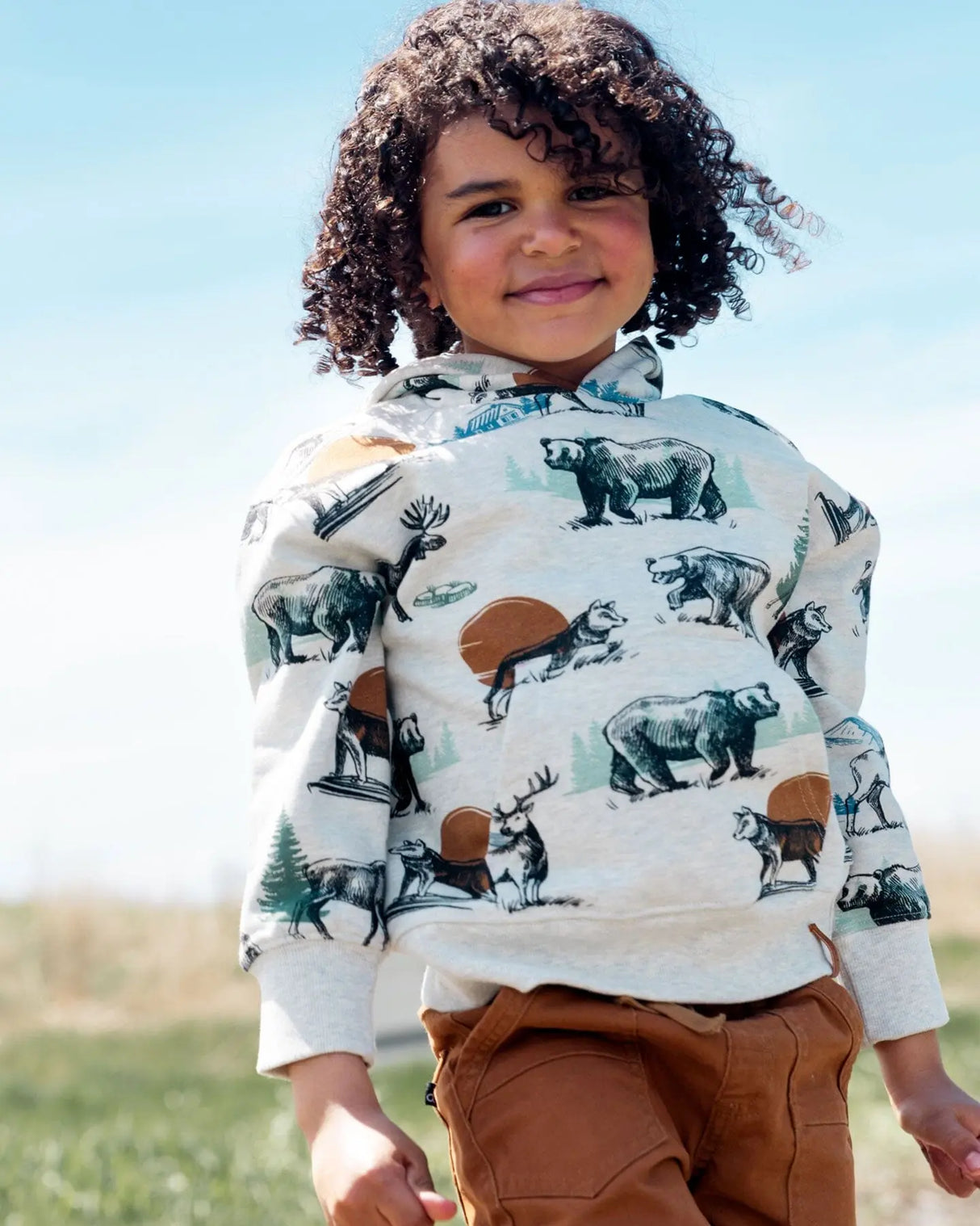 Printed Forest Animals Fleece Hooded Sweatshirt Gray Mix | Deux par Deux | Jenni Kidz