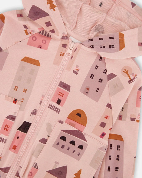 Printed French Terry Hoodie Cardigan Pink And Coral Houses | Deux par Deux | Jenni Kidz