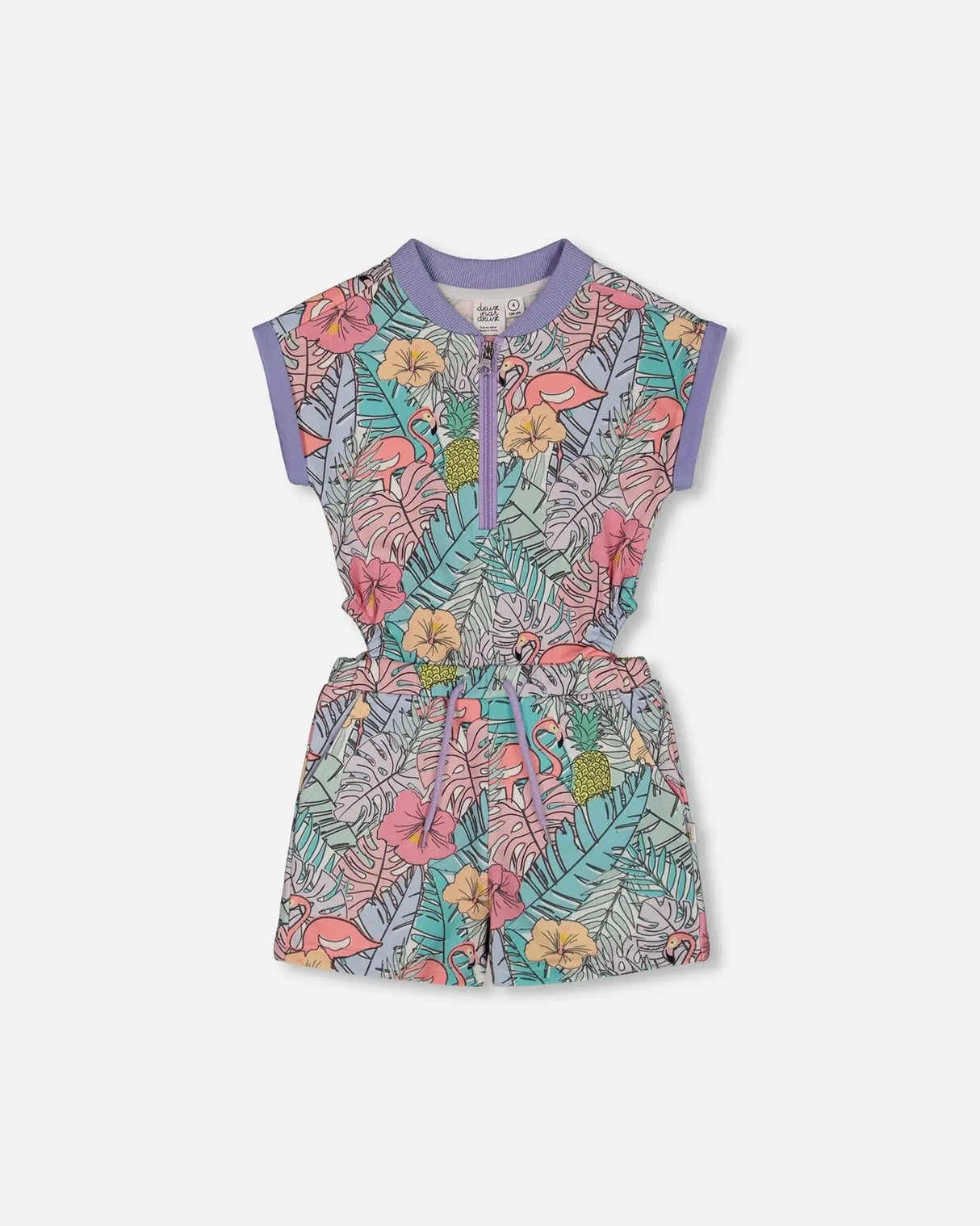 Printed French Terry Romper Lilac Tropical And Pink Flamingos | Deux par Deux | Jenni Kidz