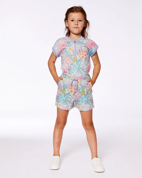 Printed French Terry Romper Lilac Tropical And Pink Flamingos | Deux par Deux | Jenni Kidz