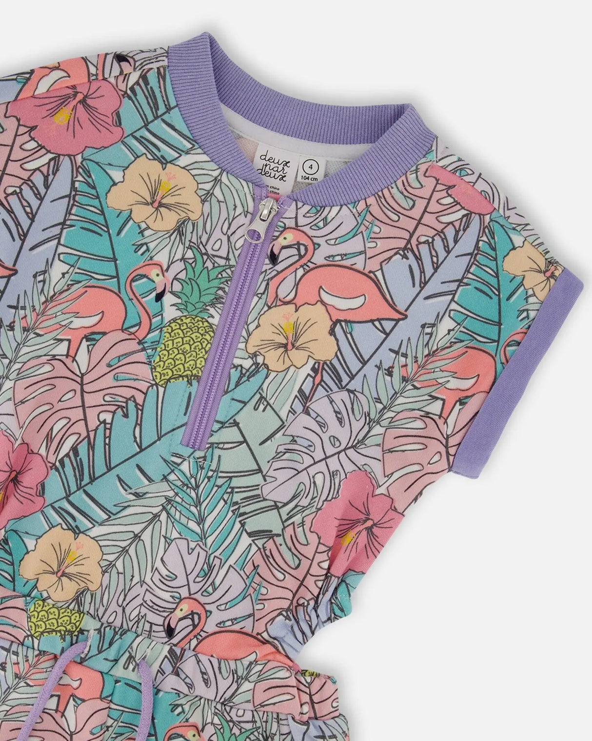 Printed French Terry Romper Lilac Tropical And Pink Flamingos | Deux par Deux | Jenni Kidz