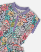Printed French Terry Romper Lilac Tropical And Pink Flamingos | Deux par Deux | Jenni Kidz