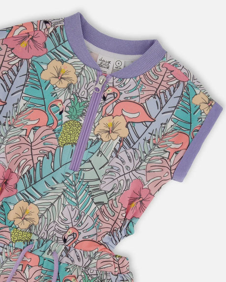 Printed French Terry Romper Lilac Tropical And Pink Flamingos | Deux par Deux | Jenni Kidz