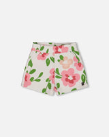 Printed French Terry Short Pink Flowers On White Background | Deux par Deux | Jenni Kidz