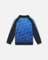 Printed Full Zip Athletic Cardigan Blue And Black | Deux par Deux | Jenni Kidz
