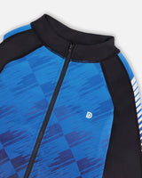 Printed Full Zip Athletic Cardigan Blue And Black | Deux par Deux | Jenni Kidz