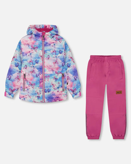Printed Jacket Two-Piece Mid-Season Outerwear Set Butterflies On Multicolored And Vibrant Pink Background | Deux par Deux | Jenni Kidz