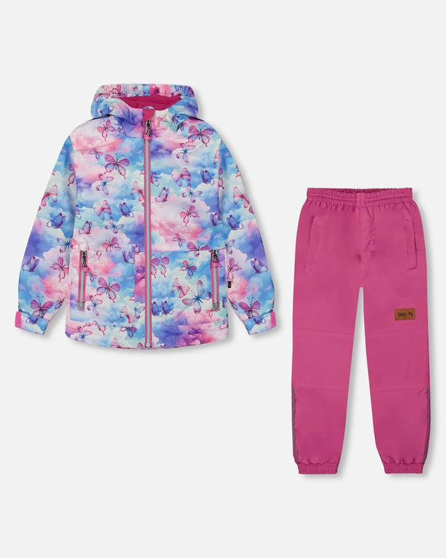 Printed Jacket Two-Piece Mid-Season Outerwear Set Butterflies On Multicolored And Vibrant Pink Background | Deux par Deux | Jenni Kidz
