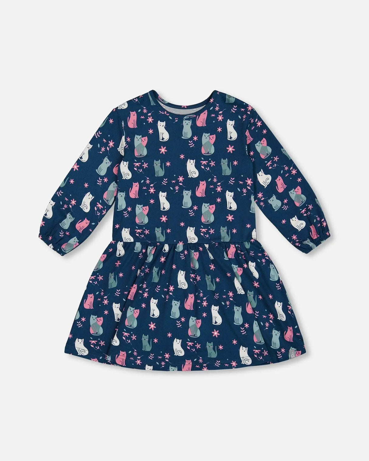 Printed Long Sleeve Dress Navy Blue With Kitten | Deux par Deux | Jenni Kidz