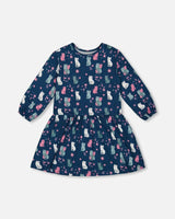 Printed Long Sleeve Dress Navy Blue With Kitten | Deux par Deux | Jenni Kidz