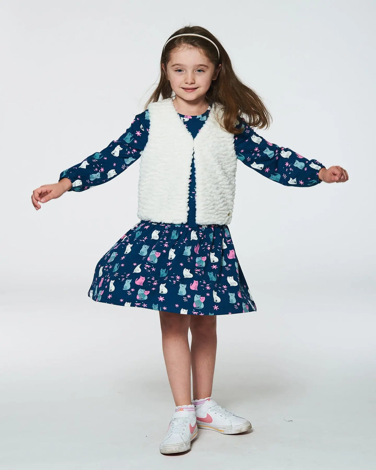 Printed Long Sleeve Dress Navy Blue With Kitten | Deux par Deux | Jenni Kidz