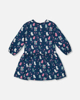 Printed Long Sleeve Dress Navy Blue With Kitten | Deux par Deux | Jenni Kidz