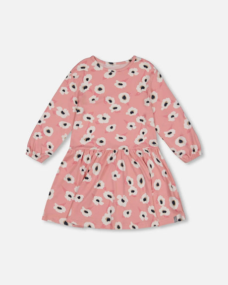 Printed Long Sleeve Dress Pink With White Flowers | Deux par Deux | Jenni Kidz