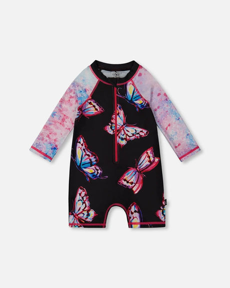Printed Long Sleeve One-Piece Rashguard Black And Multicolored Butterflies | Deux par Deux | Jenni Kidz