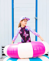 Printed Long Sleeve One-Piece Rashguard Black And Multicolored Butterflies | Deux par Deux | Jenni Kidz