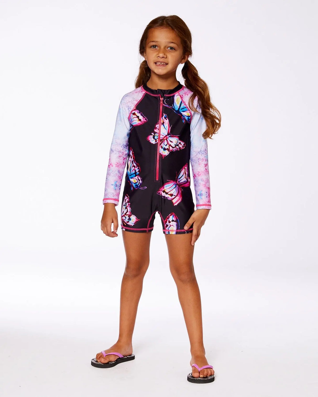 Printed Long Sleeve One-Piece Rashguard Black And Multicolored Butterflies | Deux par Deux | Jenni Kidz