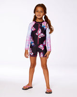 Printed Long Sleeve One-Piece Rashguard Black And Multicolored Butterflies | Deux par Deux | Jenni Kidz