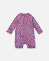 Printed Long Sleeve One-Piece Rashguard Old Mauve And Multicolored Butterflies | Deux par Deux | Jenni Kidz