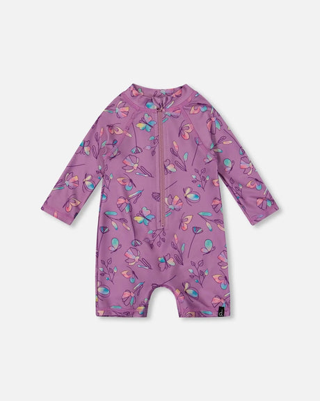 Printed Long Sleeve One-Piece Rashguard Old Mauve And Multicolored Butterflies | Deux par Deux | Jenni Kidz