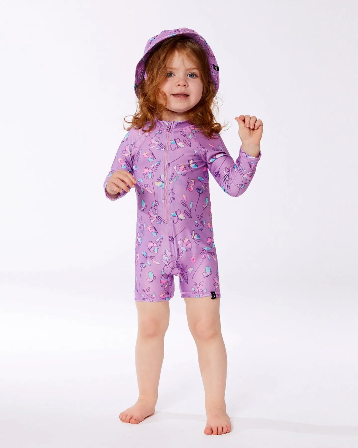 Printed Long Sleeve One-Piece Rashguard Old Mauve And Multicolored Butterflies | Deux par Deux | Jenni Kidz