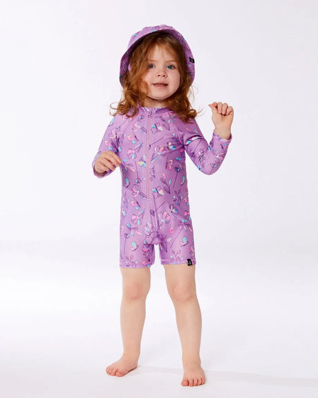 Printed Long Sleeve One-Piece Rashguard Old Mauve And Multicolored Butterflies | Deux par Deux | Jenni Kidz