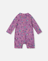 Printed Long Sleeve One-Piece Rashguard Old Mauve And Multicolored Butterflies | Deux par Deux | Jenni Kidz
