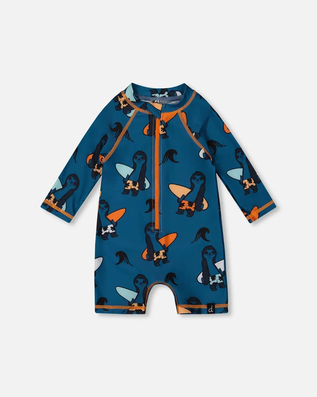 Printed Long Sleeve One-Piece Rashguard Orange Sloths On Navy Blue | Deux par Deux | Jenni Kidz