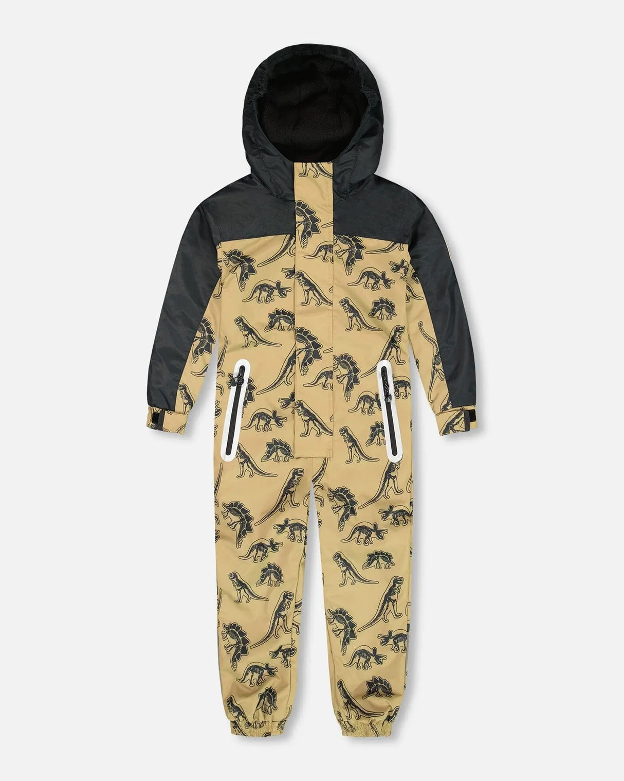 Printed Mid-Season One-Piece Outerwear Black Dinosaur On Beige Background | Deux par Deux | Jenni Kidz