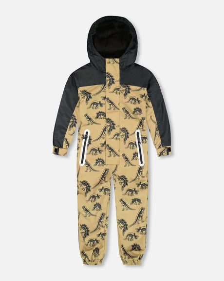 Printed Mid-Season One-Piece Outerwear Black Dinosaur On Beige Background | Deux par Deux | Jenni Kidz