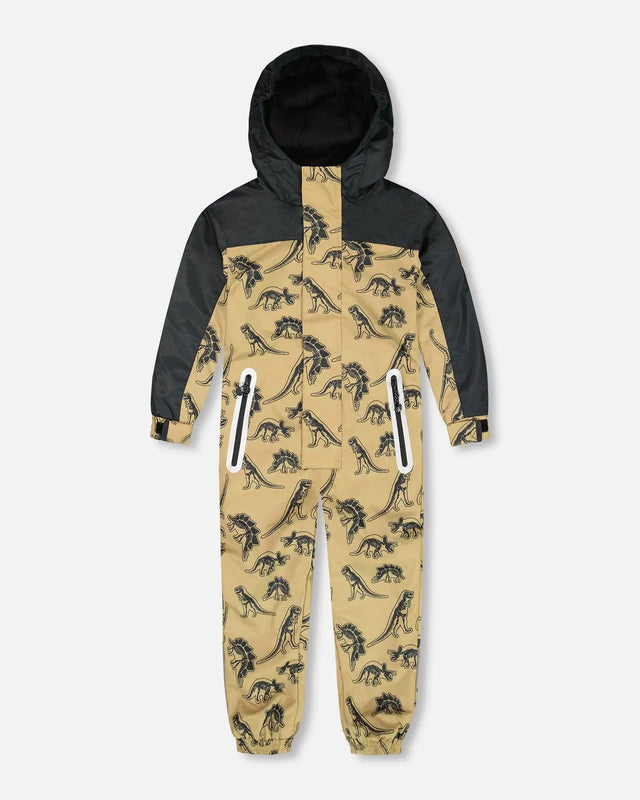 Printed Mid-Season One-Piece Outerwear Black Dinosaur On Beige Background | Deux par Deux | Jenni Kidz