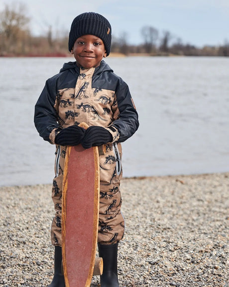 Printed Mid-Season One-Piece Outerwear Black Dinosaur On Beige Background | Deux par Deux | Jenni Kidz